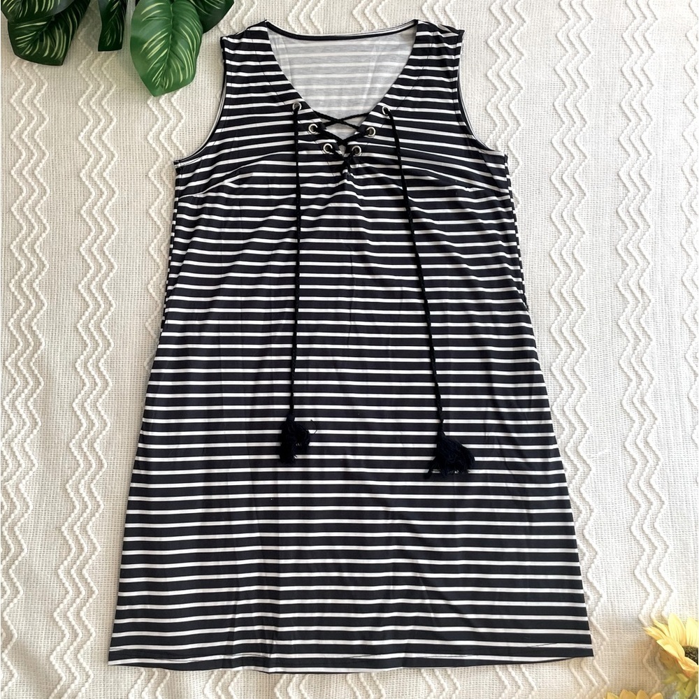 Lace-Up Striped Sundress Navy White & Black
